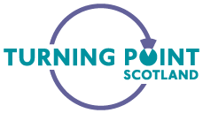 a logo with blue and purple text